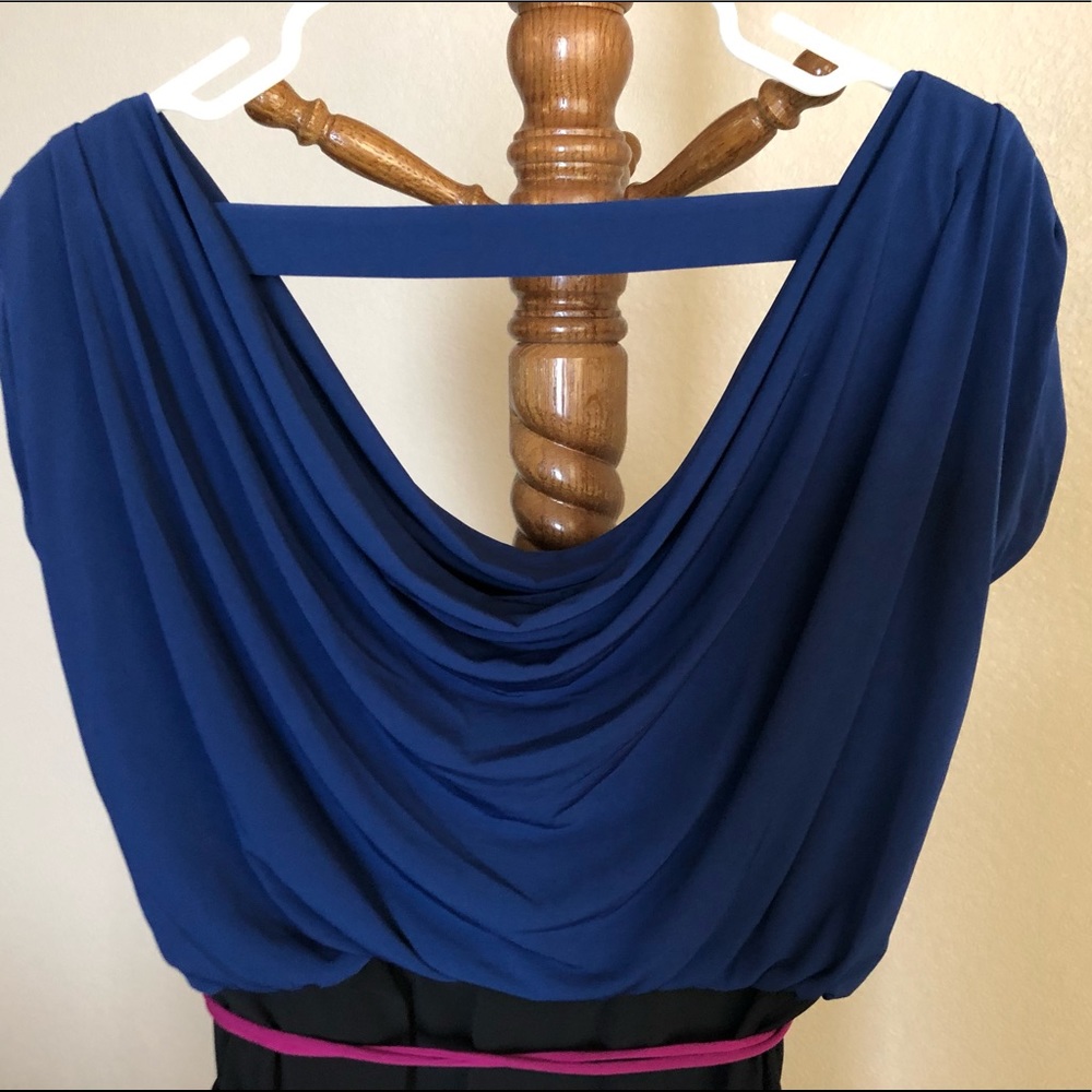 Ruched Black and Blue Dress with Fuchsia Belt